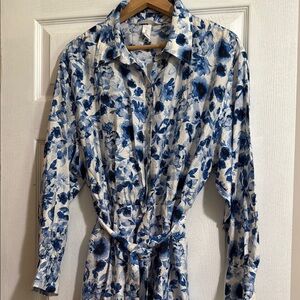 H&M Blue and White Buttoned Tie Front Mini Dress